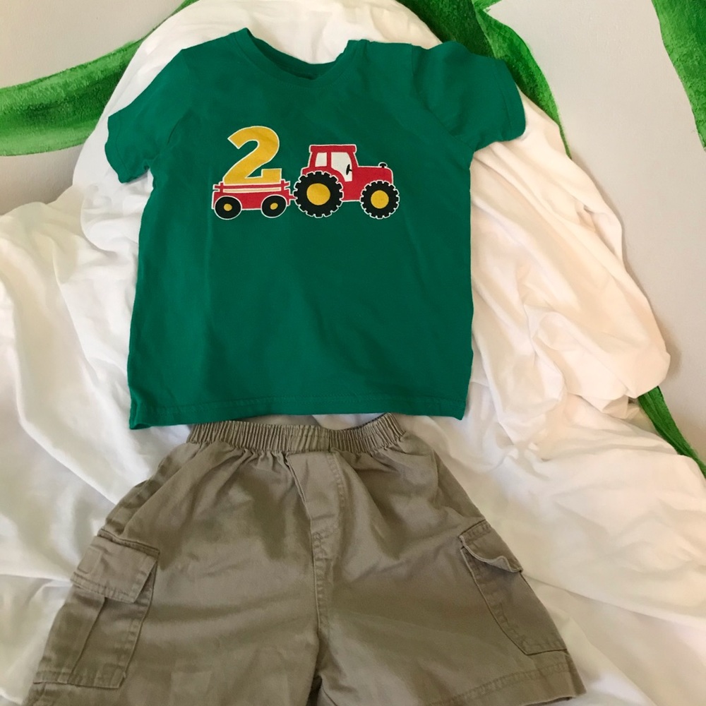 Cute 2nd birthday shirt! With tractor. 3T. With tan elastic waist shorts 2T